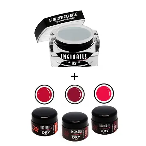 KOMPLET Inginails Professional Strawberry Red - Builder Gel Blue 10ml + 3 suhi barvni geli
