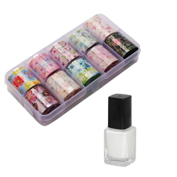 Komplet dekorativnih folij za nohte - 10 kosov + lepilo